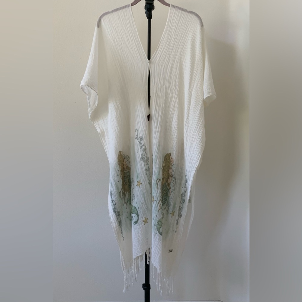 Mermaid Print Cream Coverup Poncho O/S
